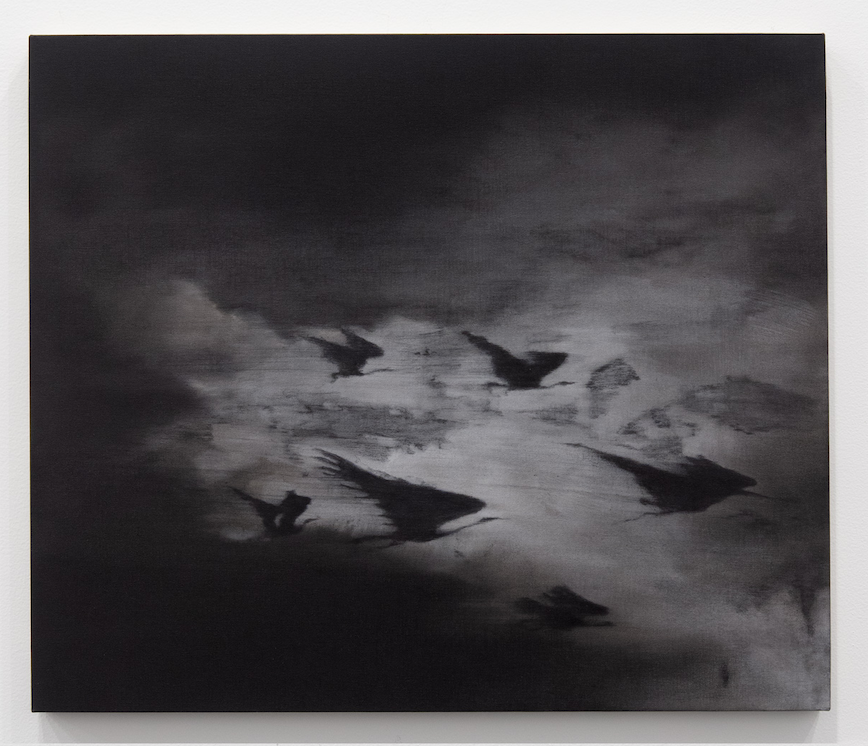 <i>Wings Vortex</i>, 2025. Charcoal, gesso and oil on linen, 26 x 30 in (66 x 76.2 cm)